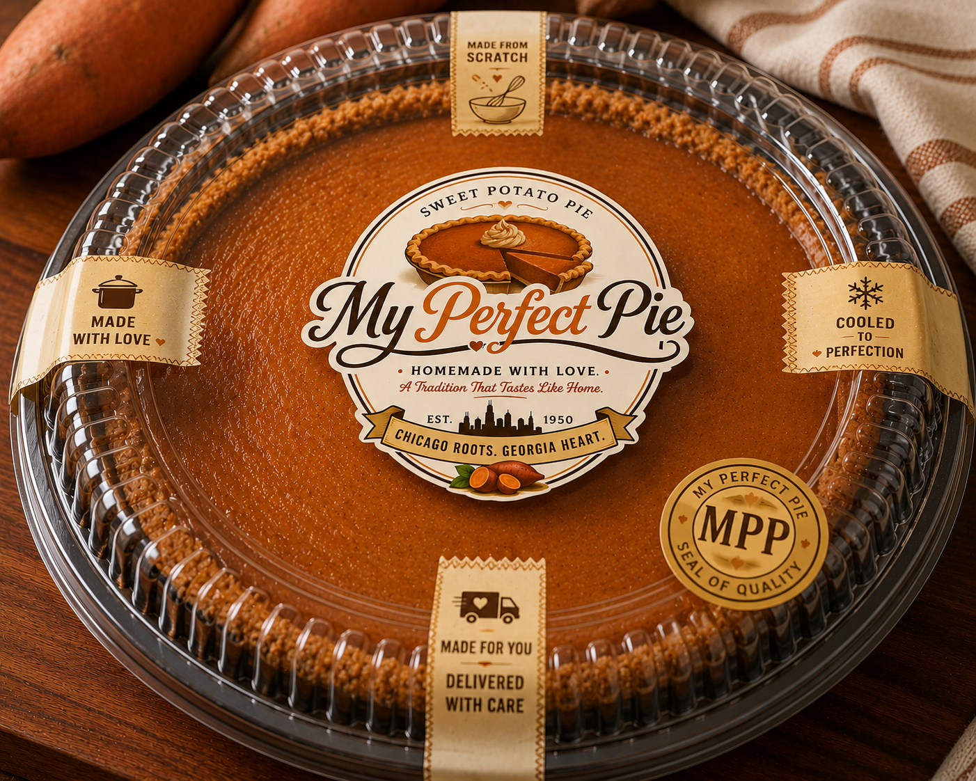 A sealed My Perfect Pie sweet potato pie with the MPP Seal of Quality